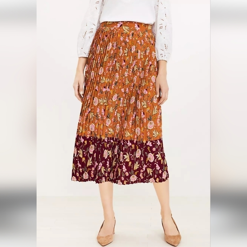 Loft Floral Pleatedโ Midi Skirt Size 14 Contrast Color Print Flowy Spring Femme